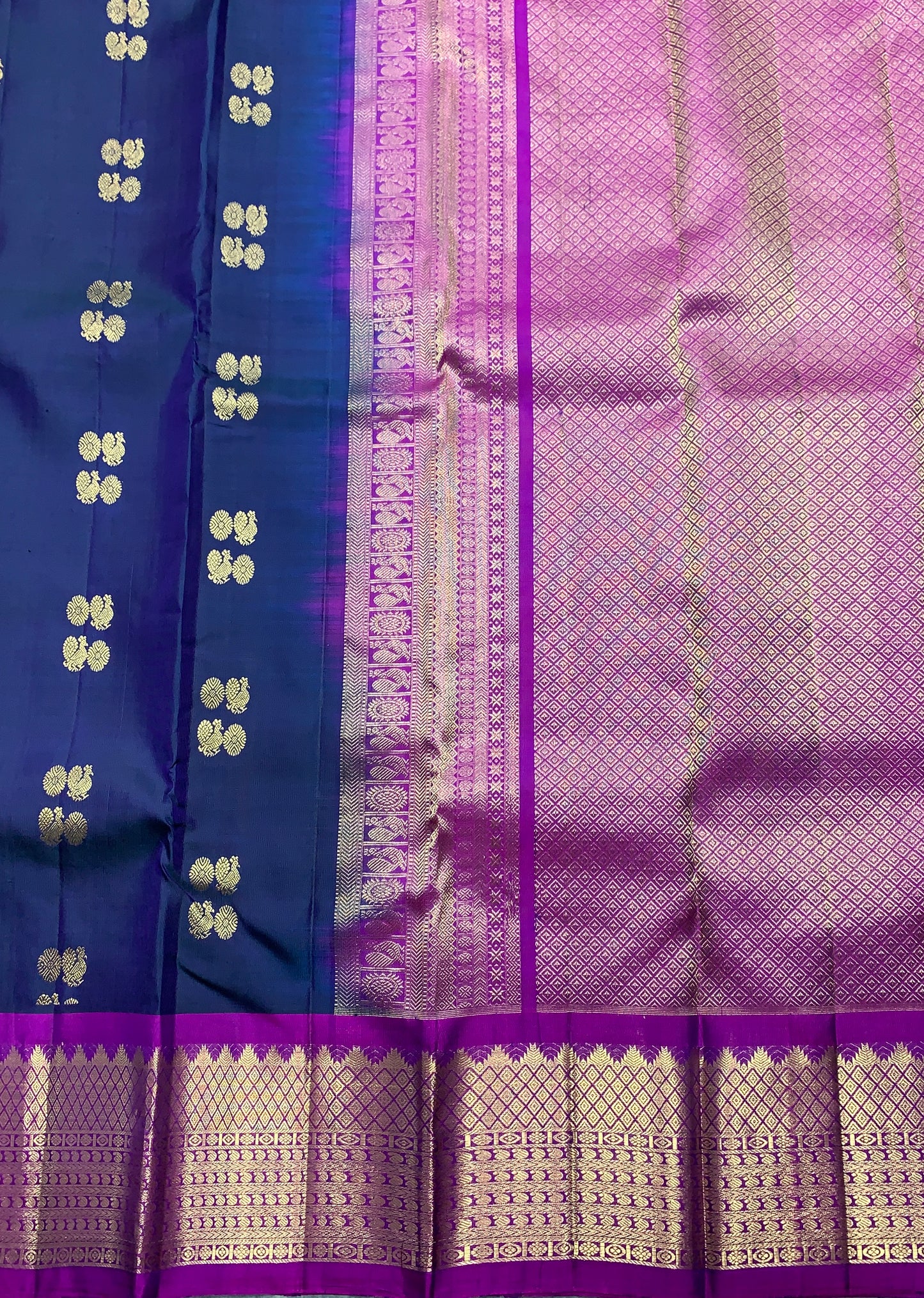Pure Kanchipuram Silk Saree Navy Blue Colour with Purple Colour Border