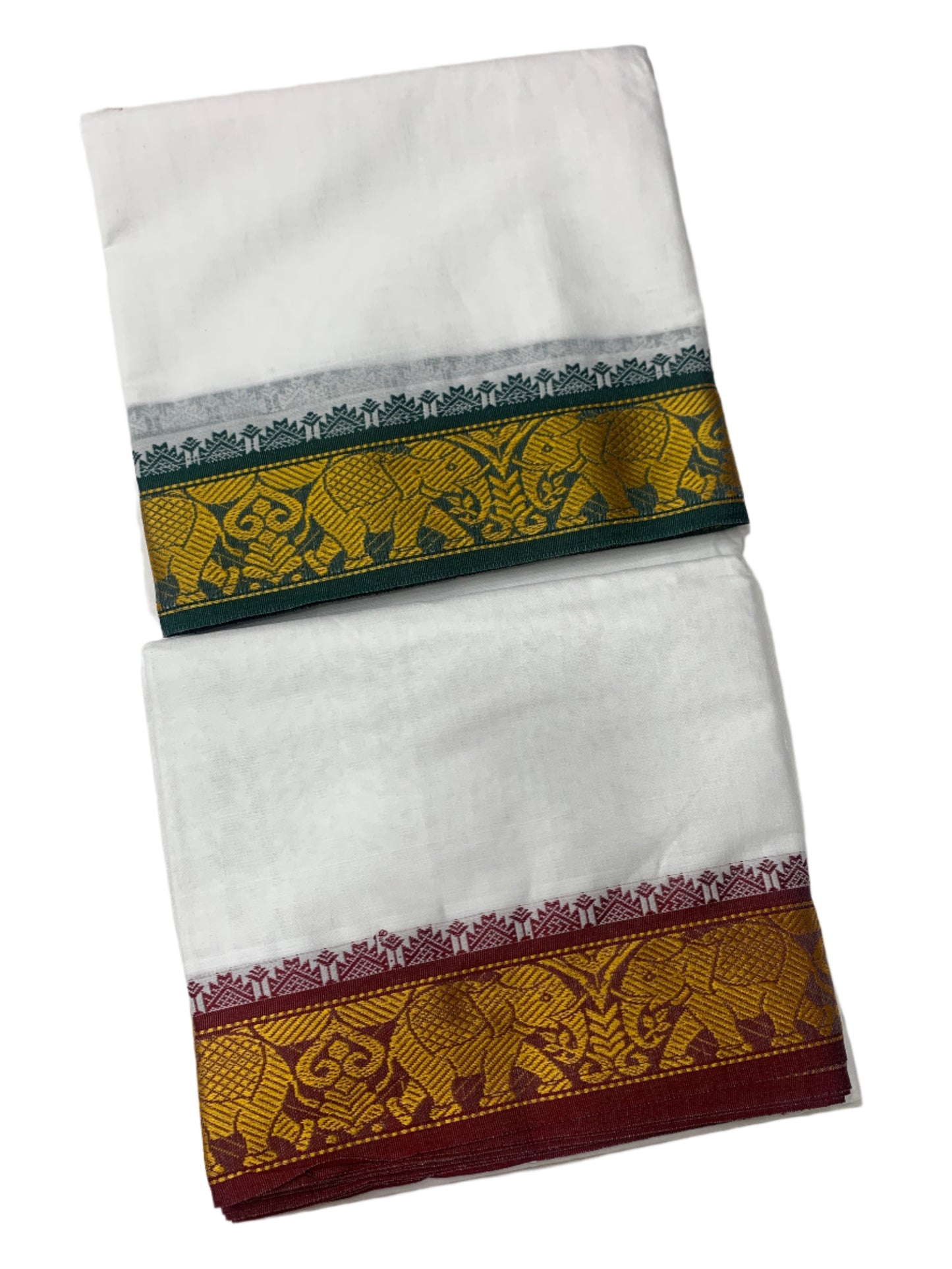 9X5 Cotton Dhoti White Green and Maroon Border with Angavastram