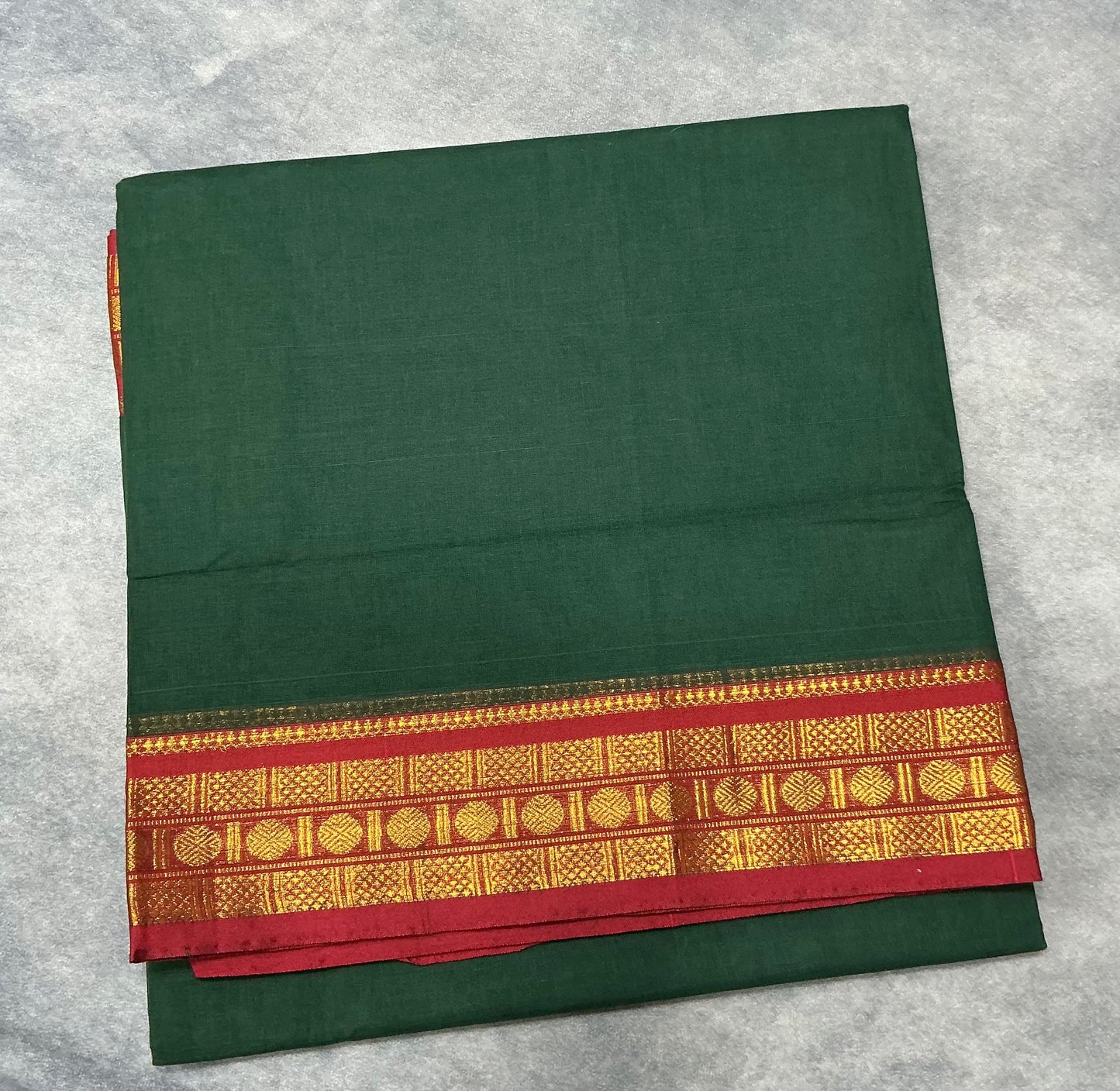 Chettinad Cotton Saree Dark Green Colour with Red Colour with Zari Work Border