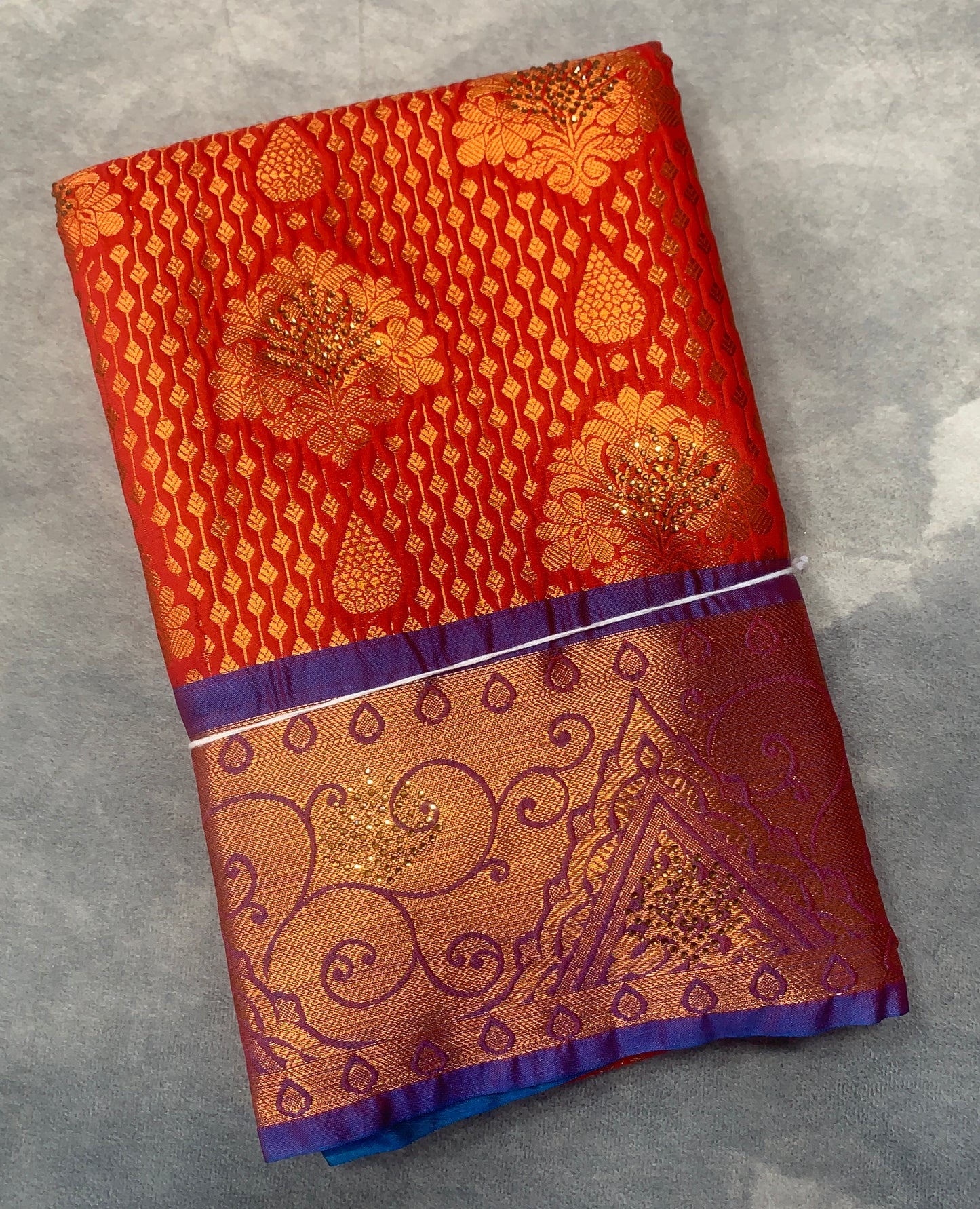 Vegan Silk Saree Red Colour with Copper and Blue Border