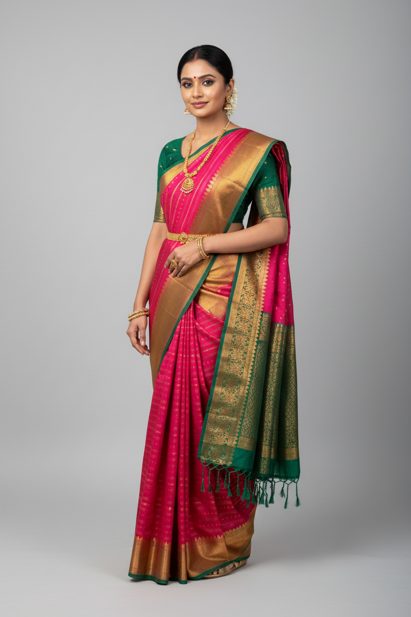 Soft Vegan Silk Saree Pink Colour with Light Green and Copper Border