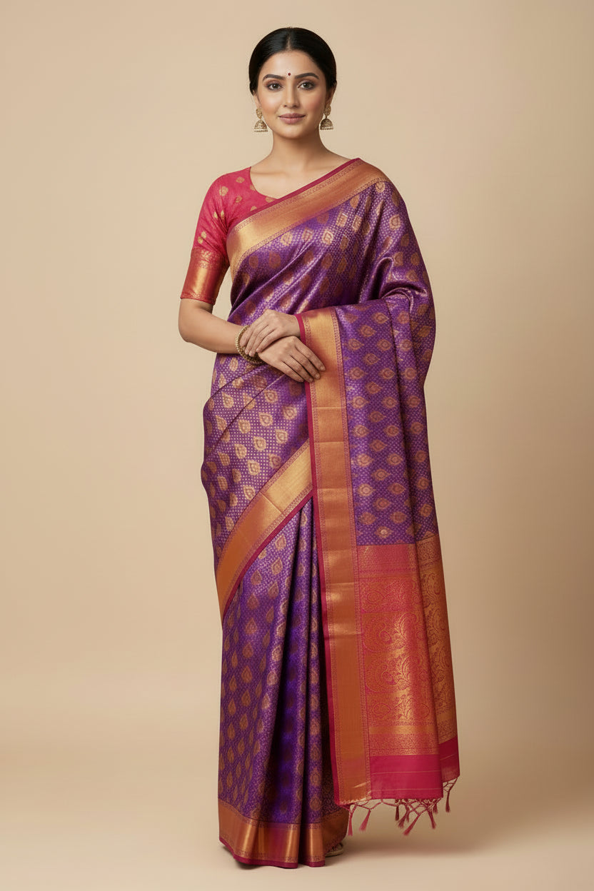 Vegan Silk Saree Violet Colour with Pink and Copper Border