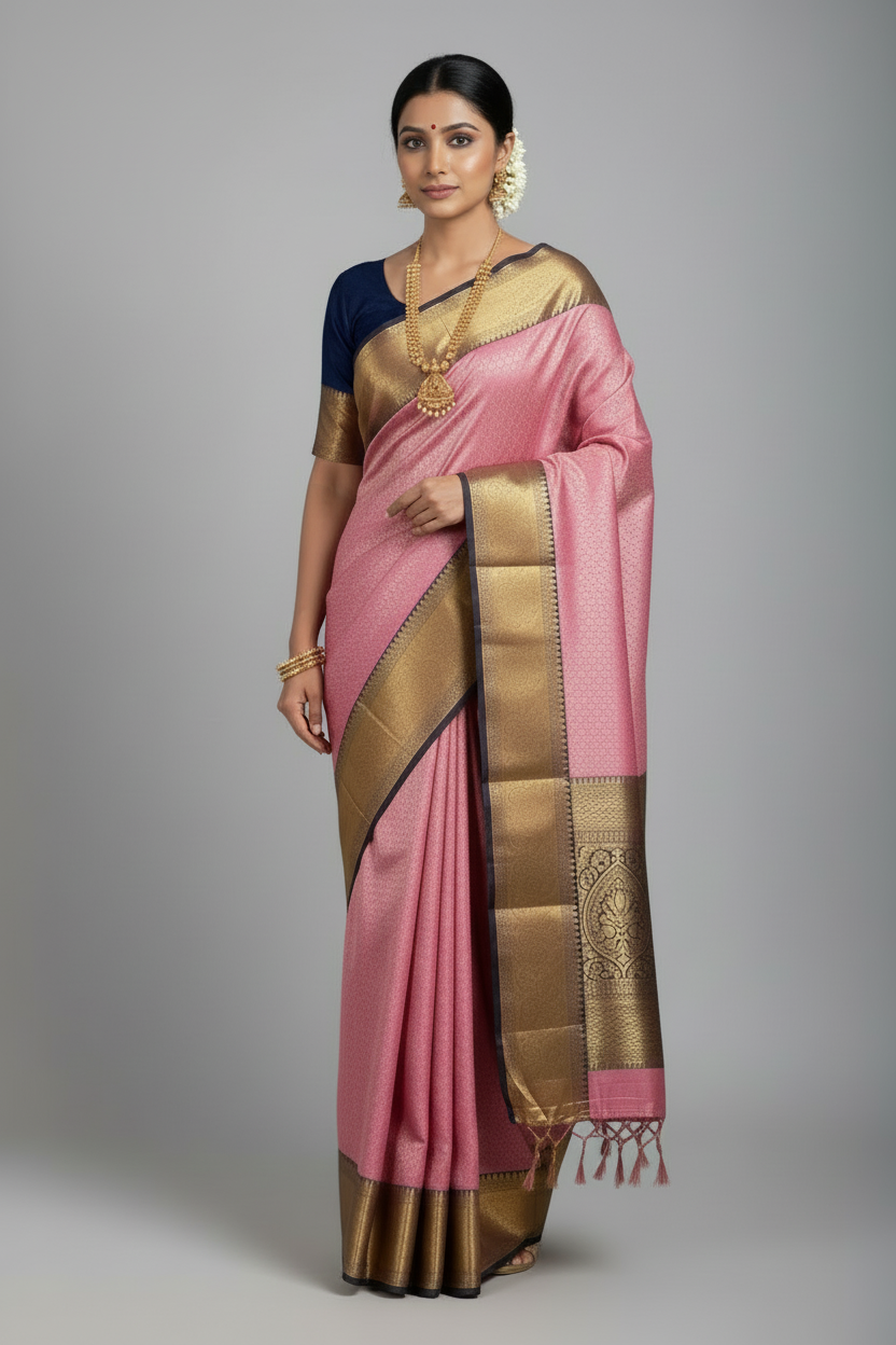 Fancy Tissue Saree Baby Pink Colour with Navy Blue Border