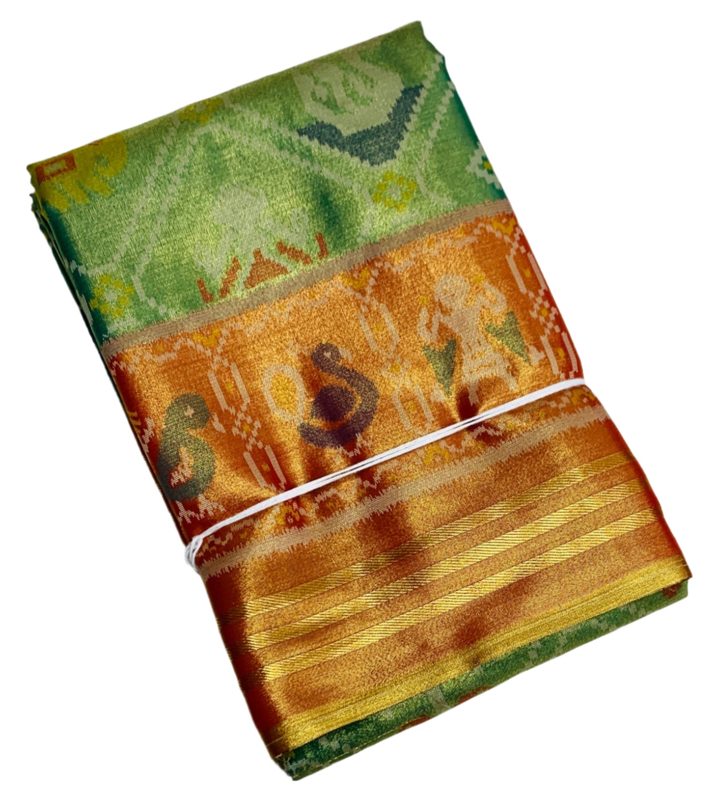 Pochampalli Tissue Silk Saree Golden Green Colour with Golden Orange Border