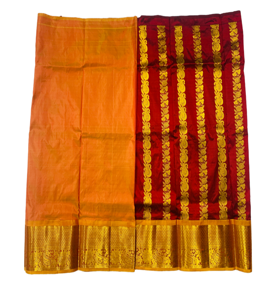 Brown shade Pure Kanchipuram Kids Pattu Pavadai with contrast border for age 5 to 10