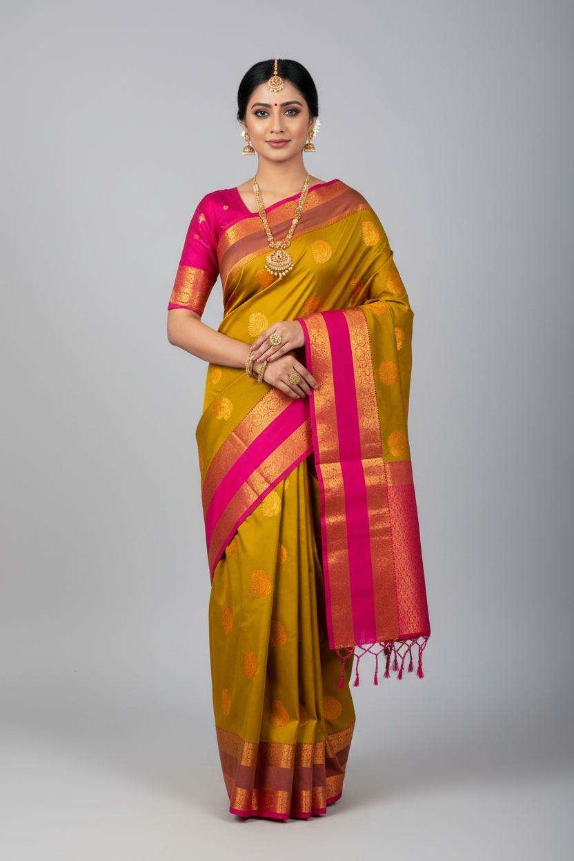 Soft Vegan Silk Saree Lime Green Colour with Rettai Pettu Border