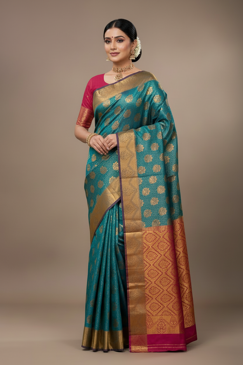 Vegan Silk Saree Rama Green Colour with Copper and Magenta Border
