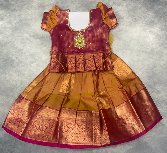 Ready To Wear Russet Colour Pavadai with Contrast Pink Blouse - 6 months Baby