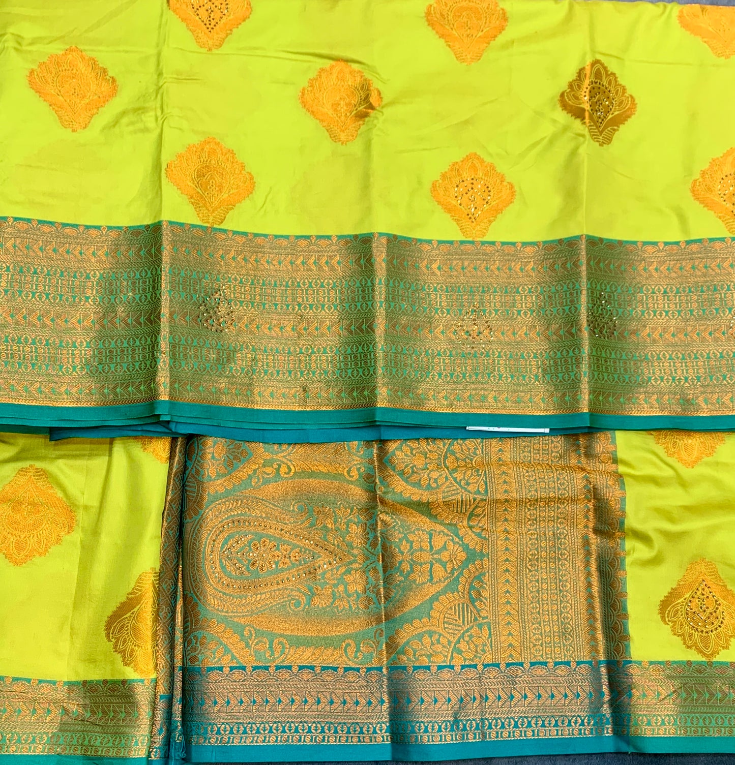 Soft Silk Casual Saree Apple Green Colour with Rama Green and Golden Colour Border