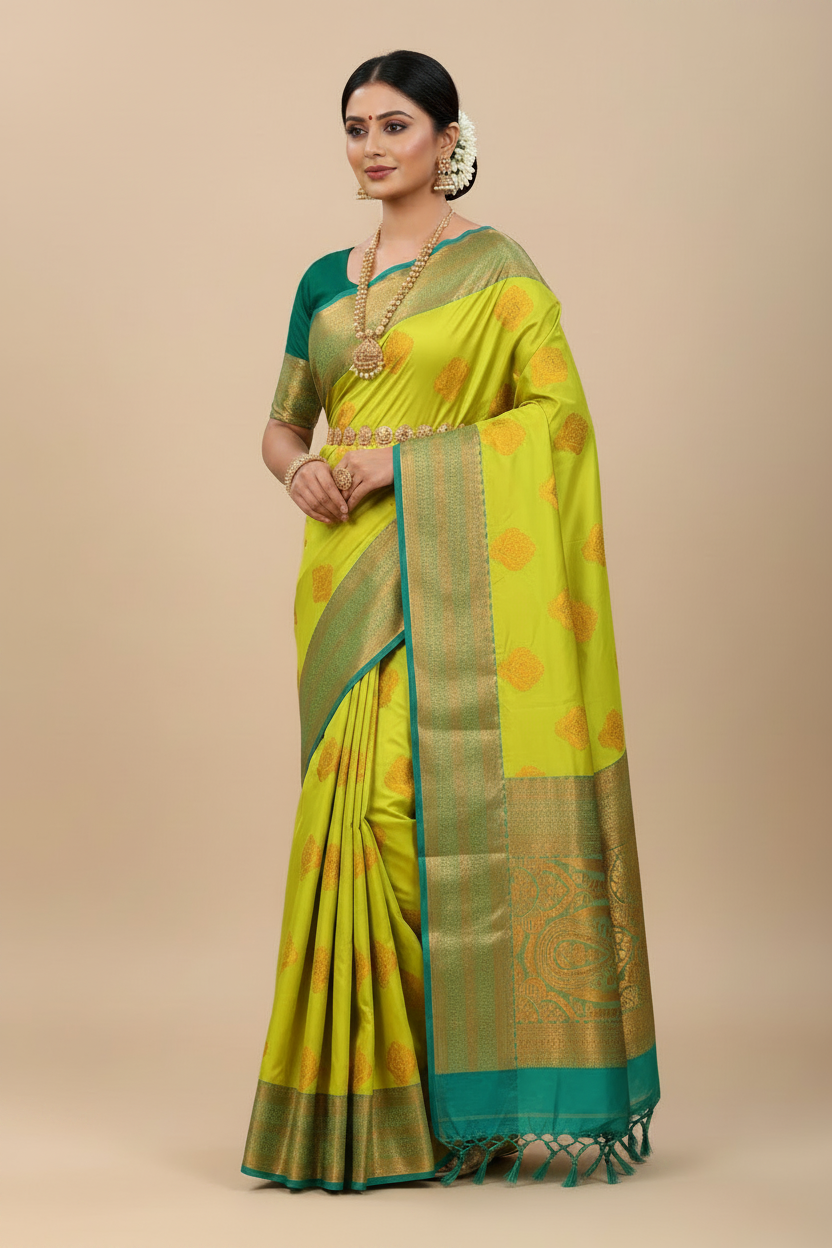 Soft Silk Casual Saree Apple Green Colour with Rama Green and Golden Colour Border