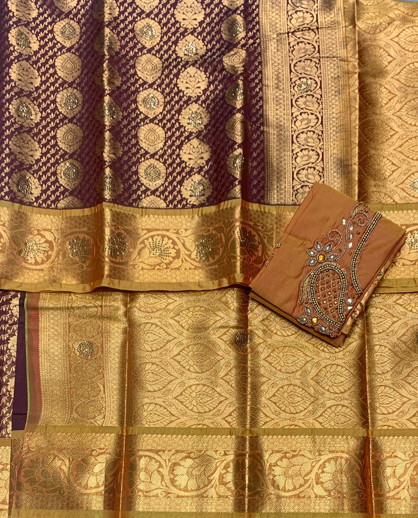 Bridal Vegan Silk Saree Brown shade with Golden Yellow Border with Unstitched blouse in Aari Work