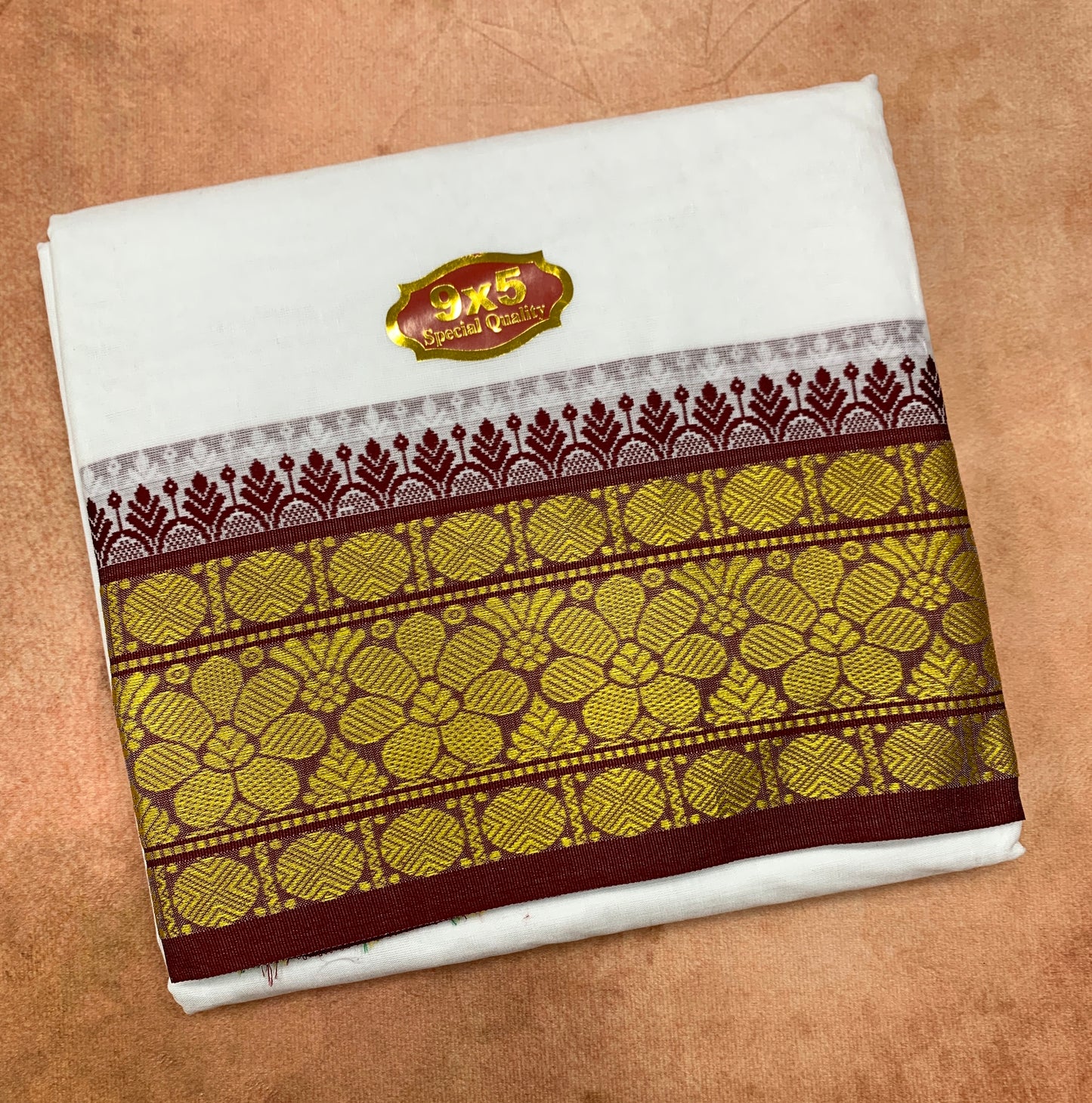 9X5 Cotton Dhoti White with Brown and Green Ganga Jamuna Border