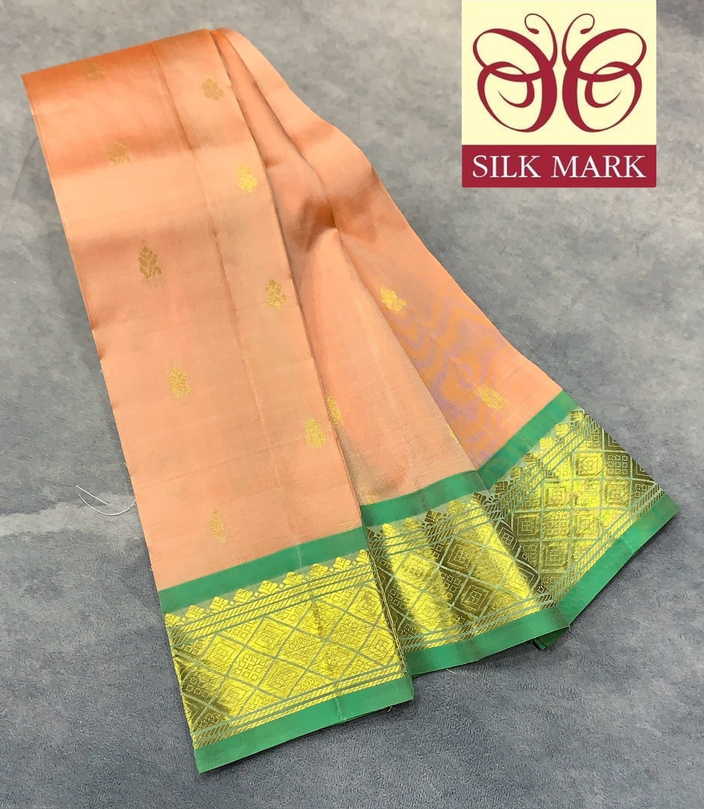 Pure Kanchipuram Silk Saree Biscuit Colour with Light Green and Gold Zari Border