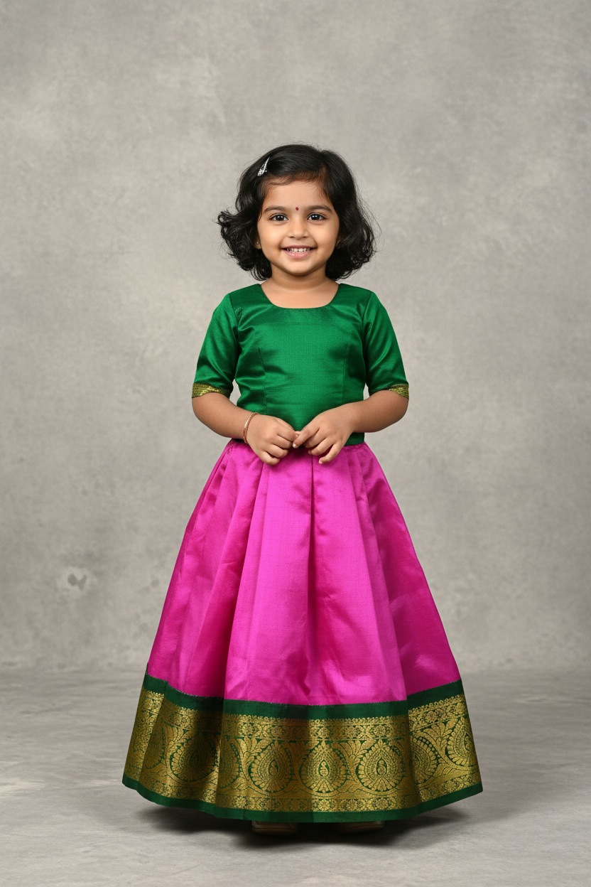 Pink shade Pure Kanchipuram Kids Pattu Pavadai with Contrast Border for Newborn to 2 Years