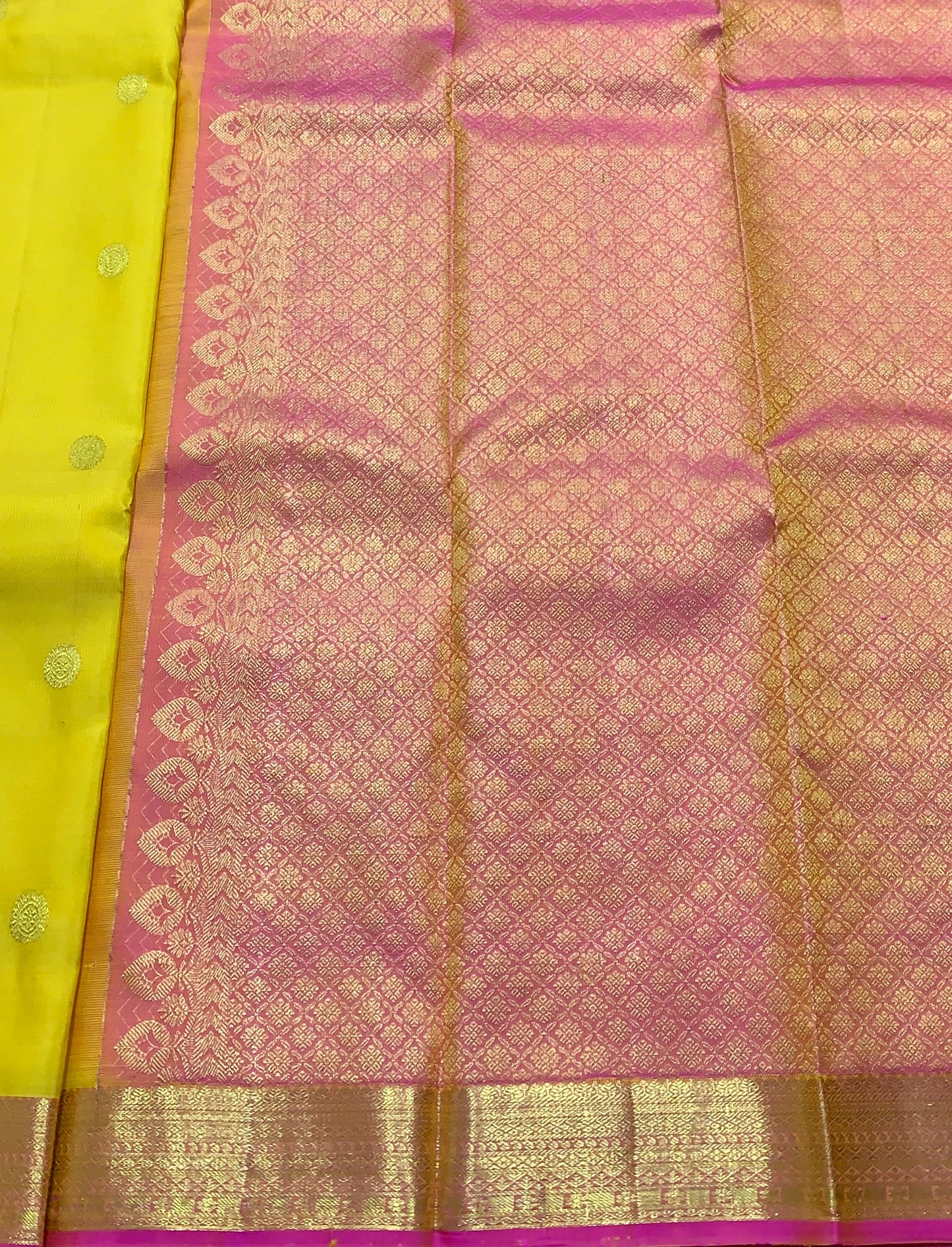 Pure Kanchipuram Silk Saree Yellow Colour with Golden Pink Border