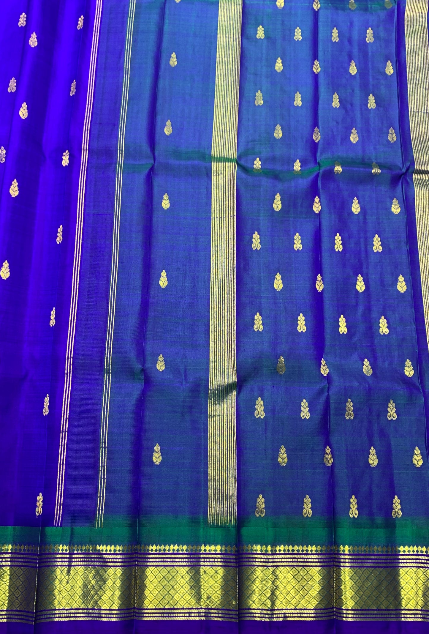 Pure Kanchipuram Silk Saree Blue Colour with Green and Gold Zari Border