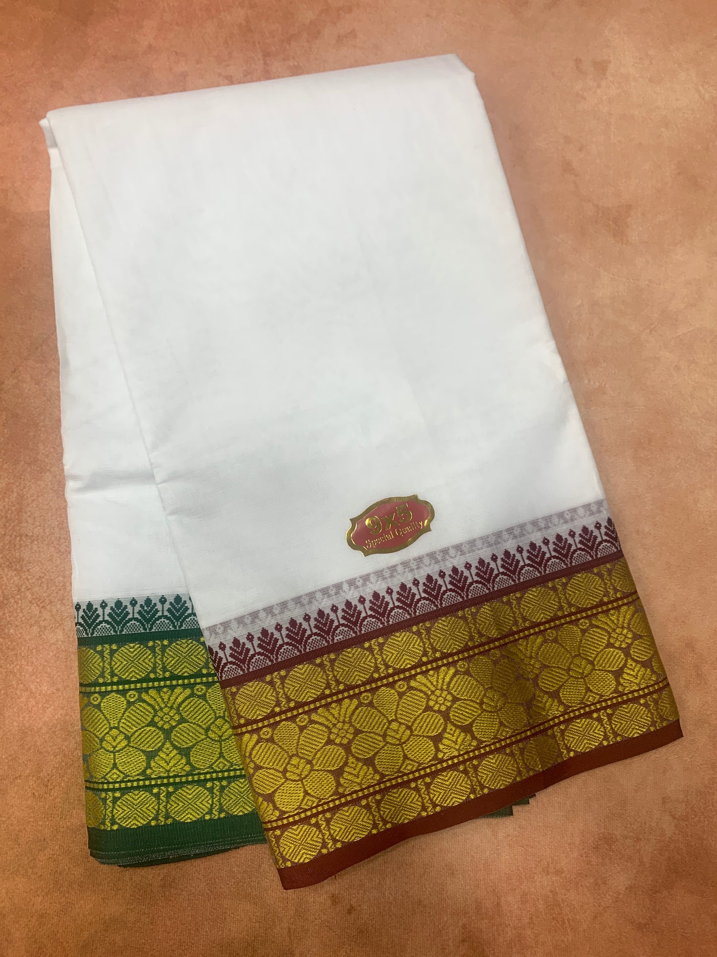9X5 Cotton Dhoti White with Brown and Green Ganga Jamuna Border