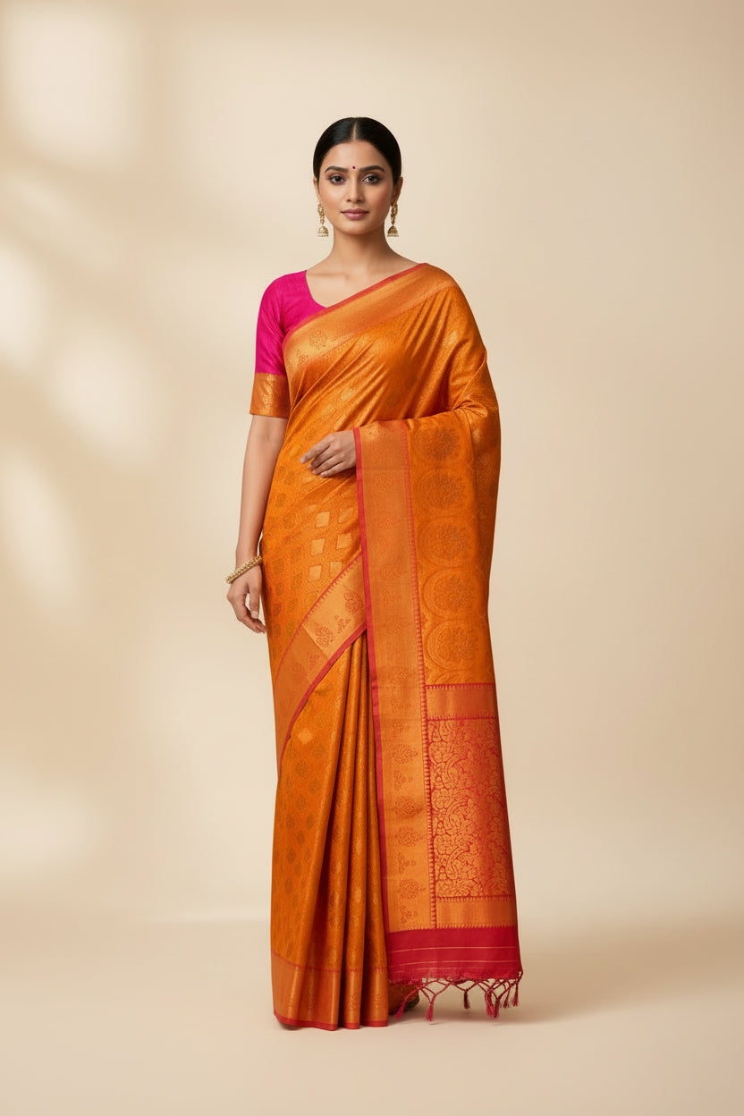 Vegan Silk Saree Golden Yellow Colour with Pink and Copper Border