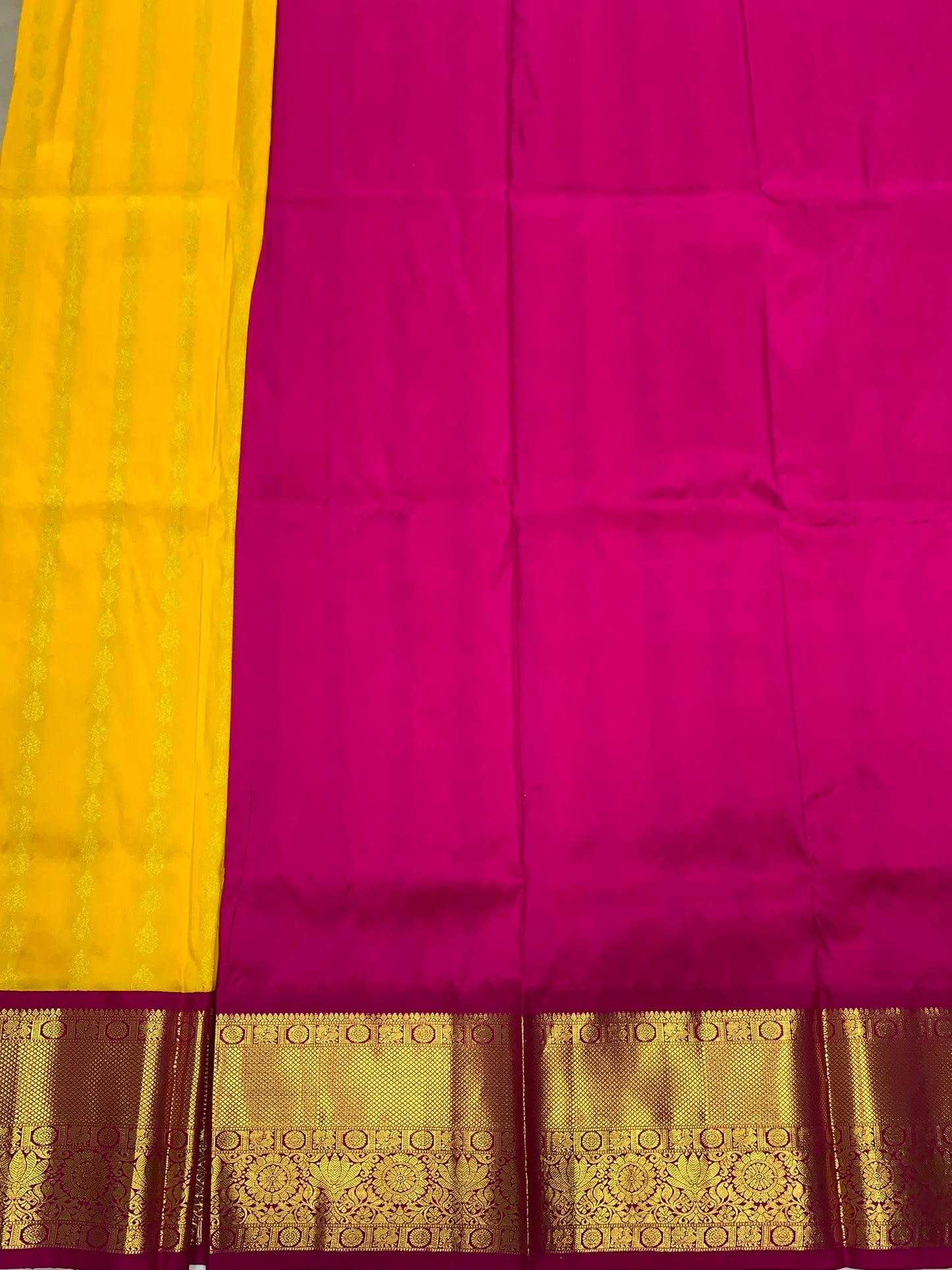 Mango Yellow Shade Pure Kanchipuram Kids Pattu Pavadai with Contrast Border for age 5 to 10