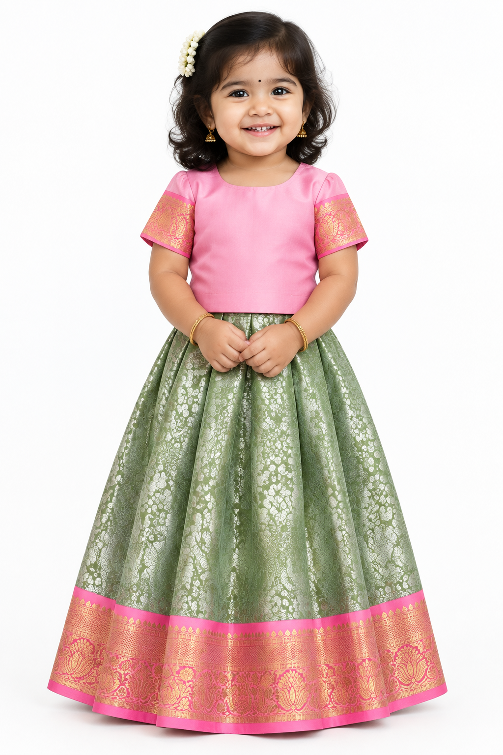 Pista Green Shade Pure Kanchipuram Kids Pattu Pavadai with Contrast Border for Newborn to 2 Years