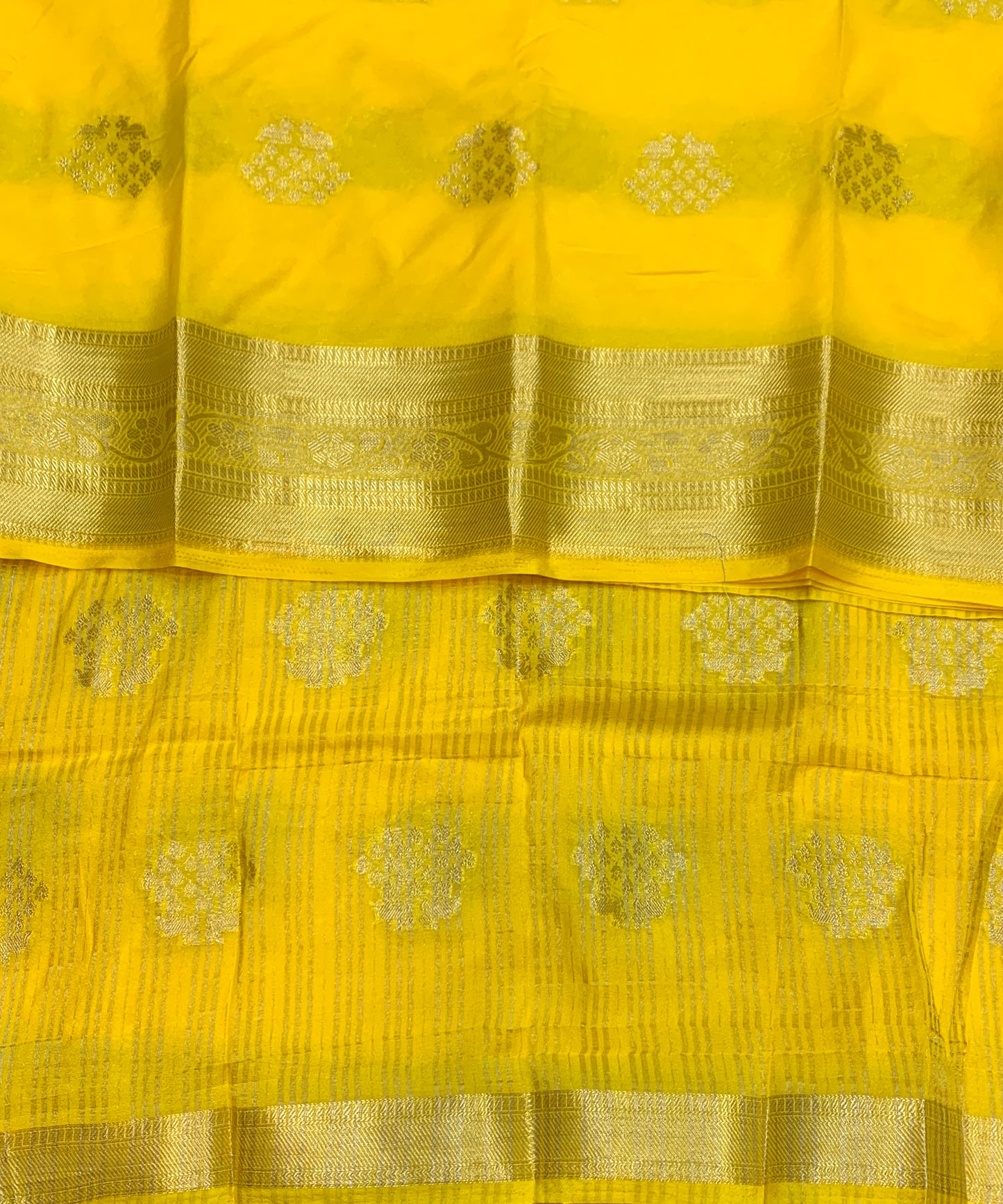 Crepe Saree Yellow Colour with Sliver Zari work Border
