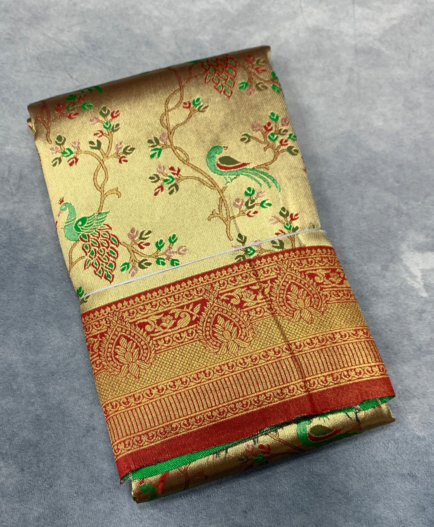 Fancy Tissue Saree Golden Colour with Maroon Border