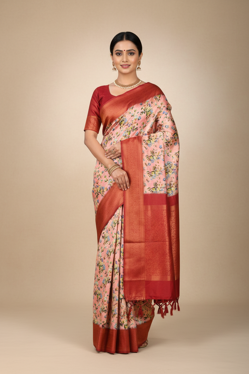 Digital Print Silk Saree Light Maroon Colour with Floral Pattern