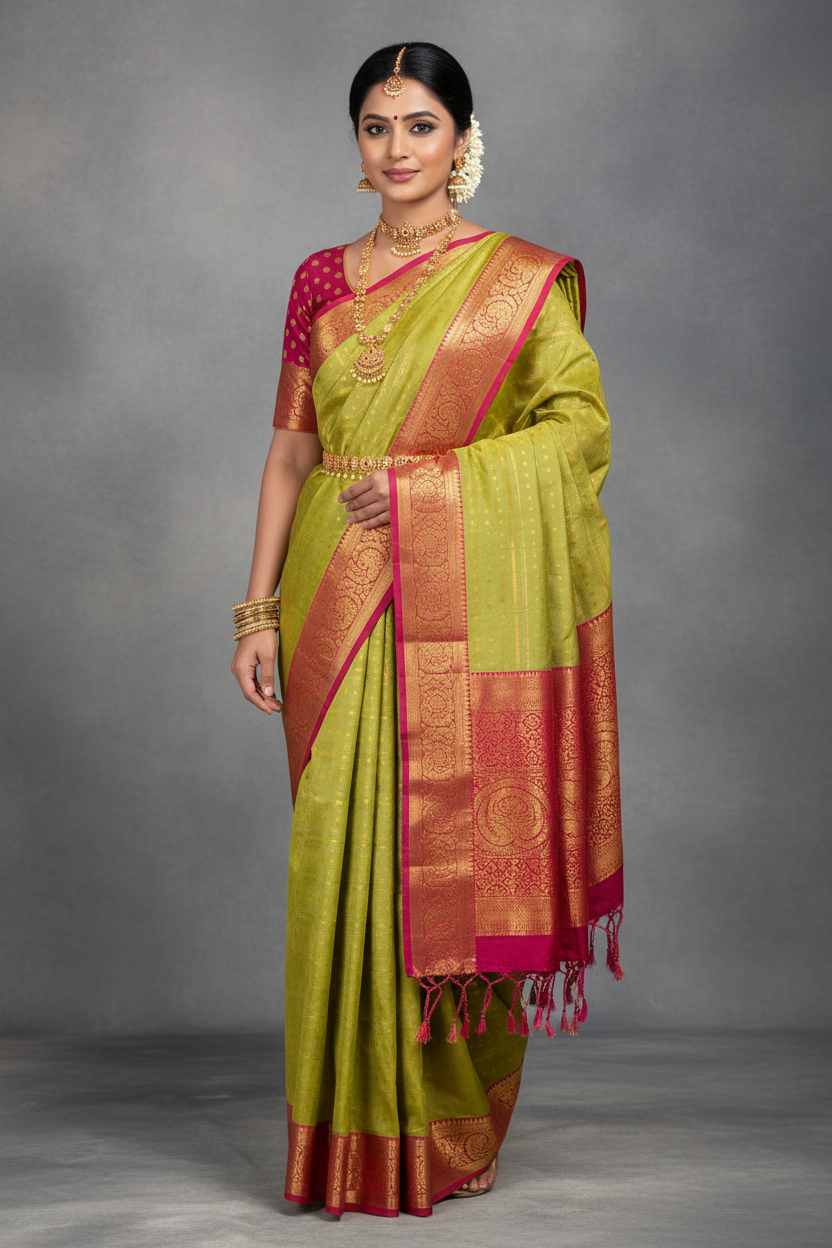 Soft Vegan Silk Saree Pista Green Colour with Pink and Copper Border