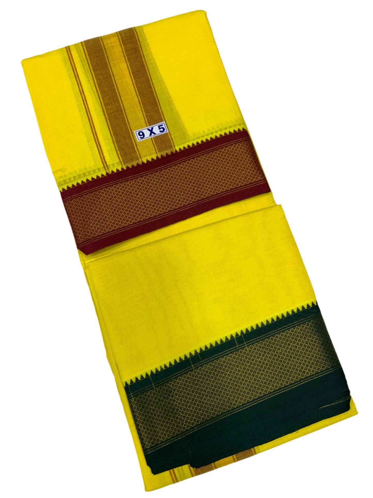 9X5 Cotton Dhoti Yellow Colour with Brown and Green Border
