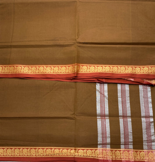 Chettinad Cotton Saree Chocolate Brown Colour with Maroon Border