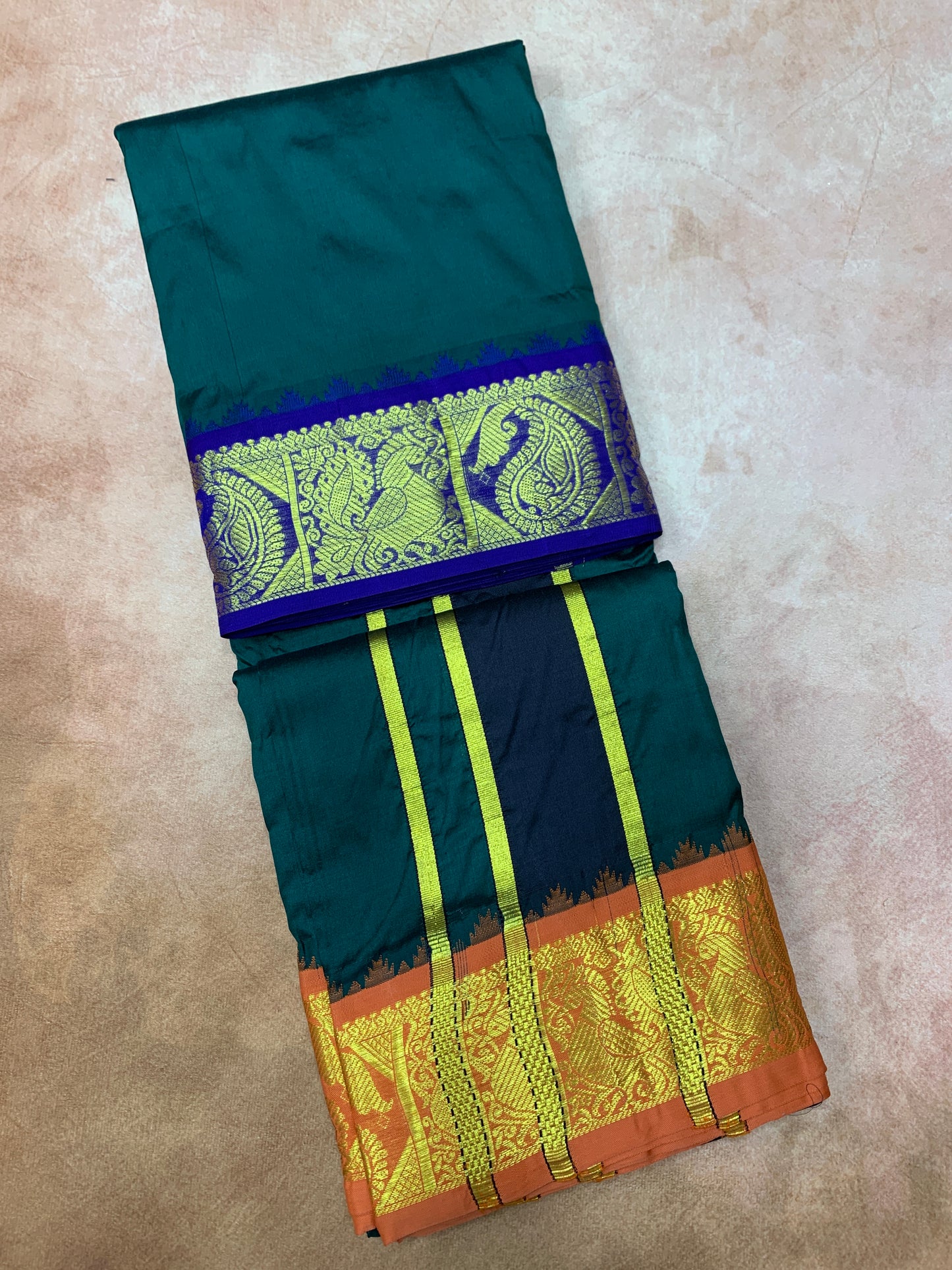 9X5 Pure Silk Dhoti Green Colour with Blue and Orange Ganga Jamuna Border