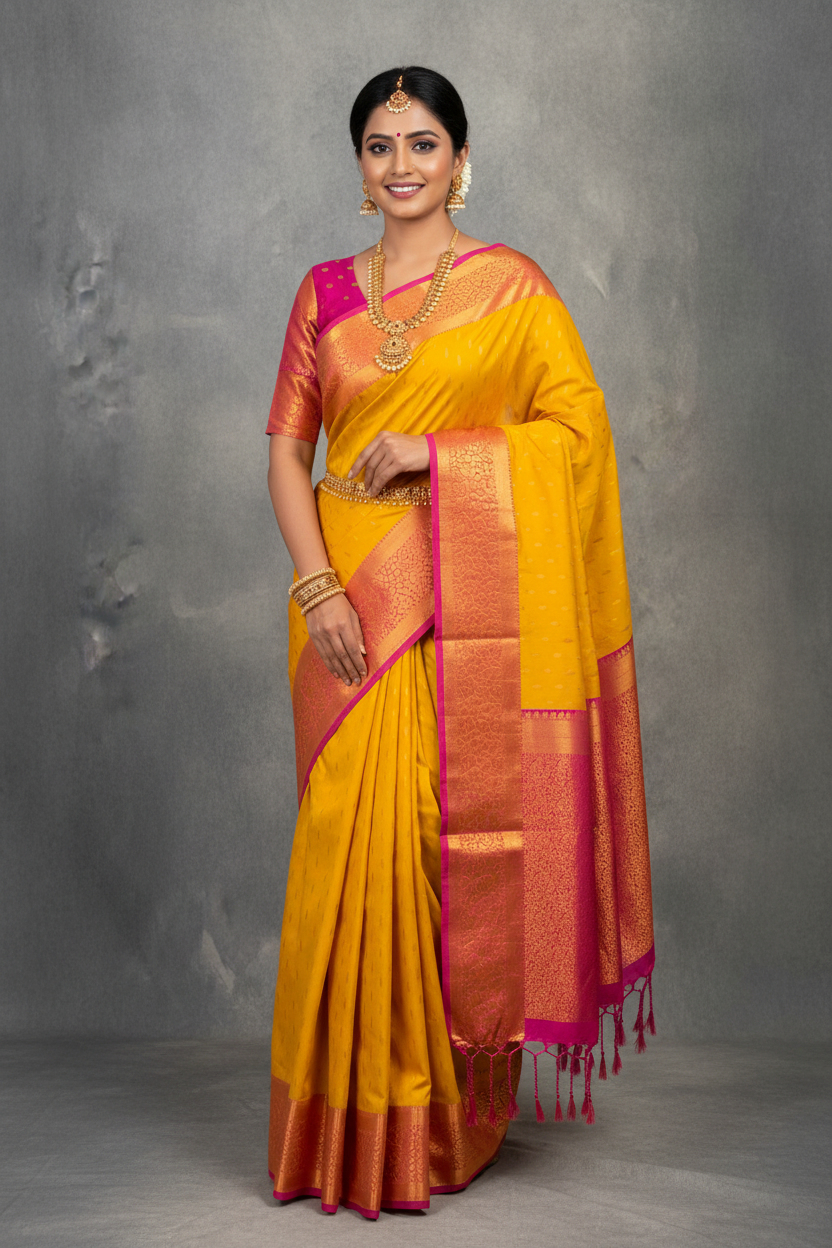 Soft Vegan Silk Saree Yellow Colour with Pink and Copper Border