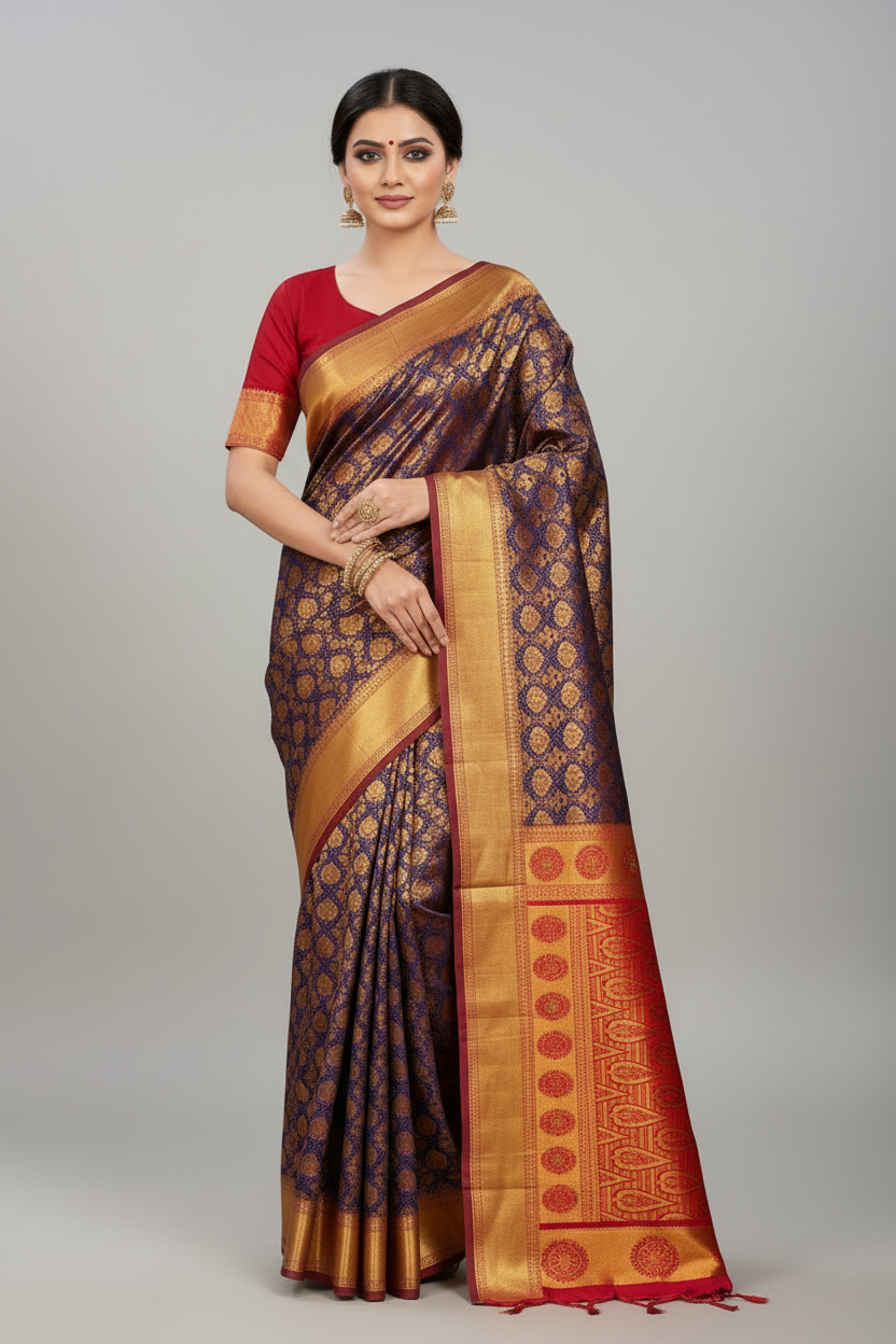 Bridal Vegan Silk Saree Violet shade with Pink Border with Unstitched blouse in Aari work