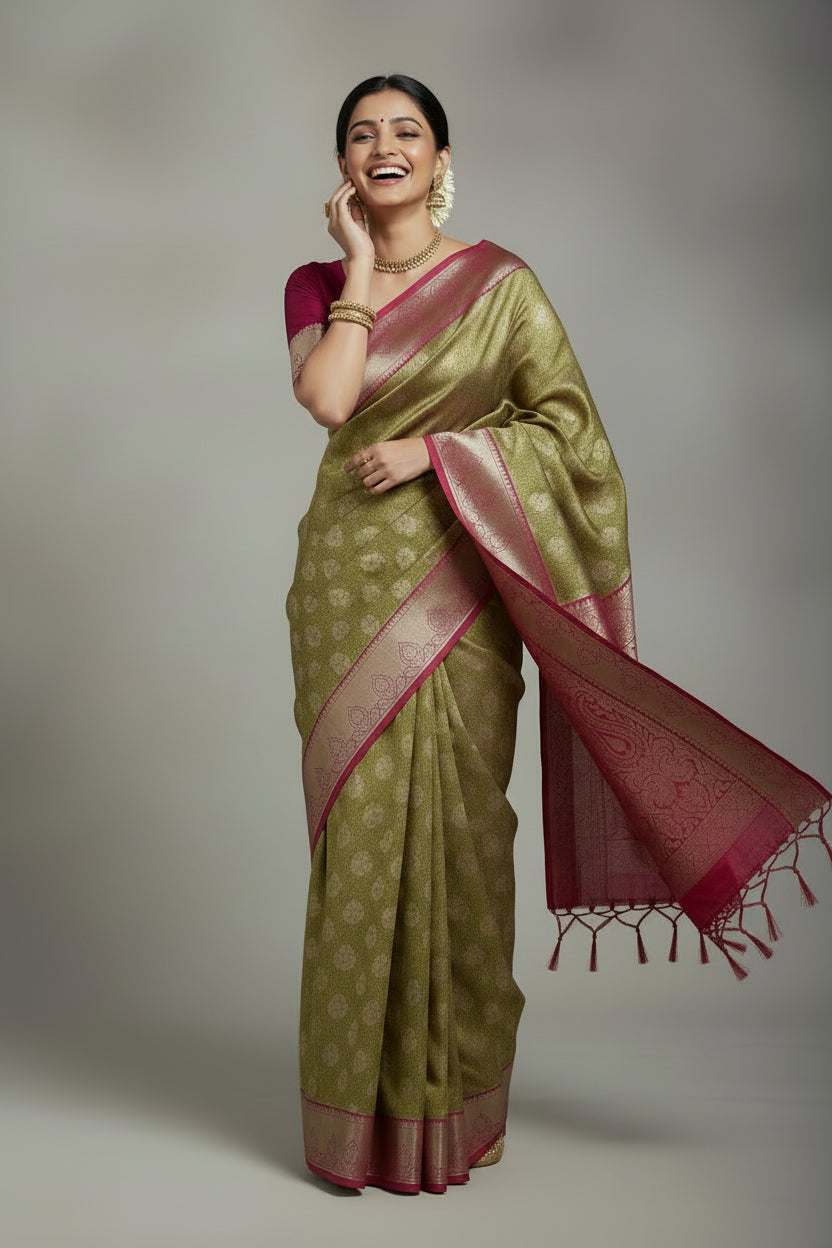 Vegan Silk Saree Mustard Colour with Pink and Copper Border