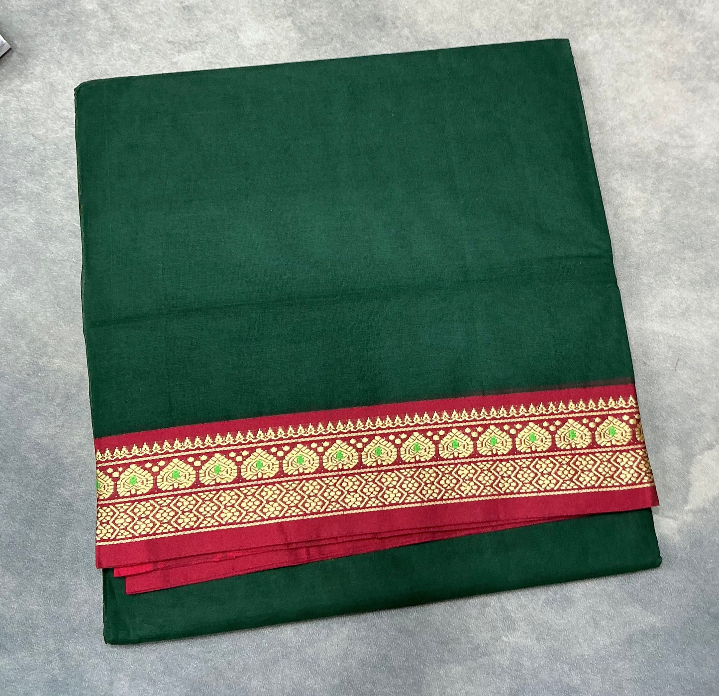 Chettinad Cotton Saree Green Colour with Red Colour with Thread Work Border