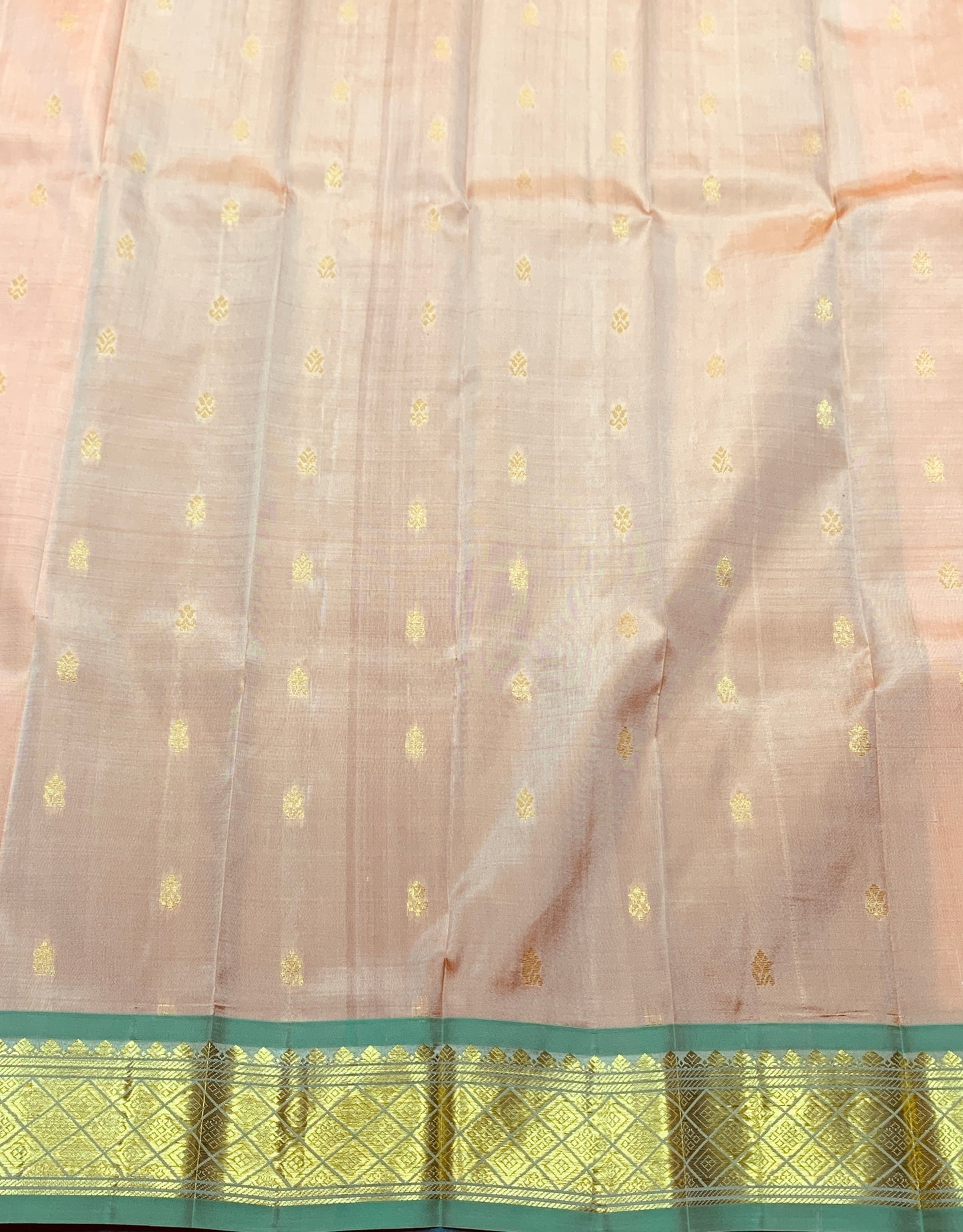 Pure Kanchipuram Silk Saree Biscuit Colour with Light Green and Gold Zari Border