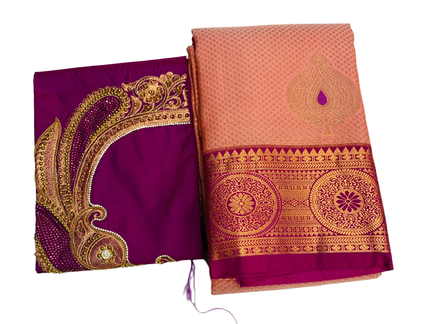 Bridal Vegan Silk Saree Peach Colour with Magenta Border with Unstitched blouse in Aari work