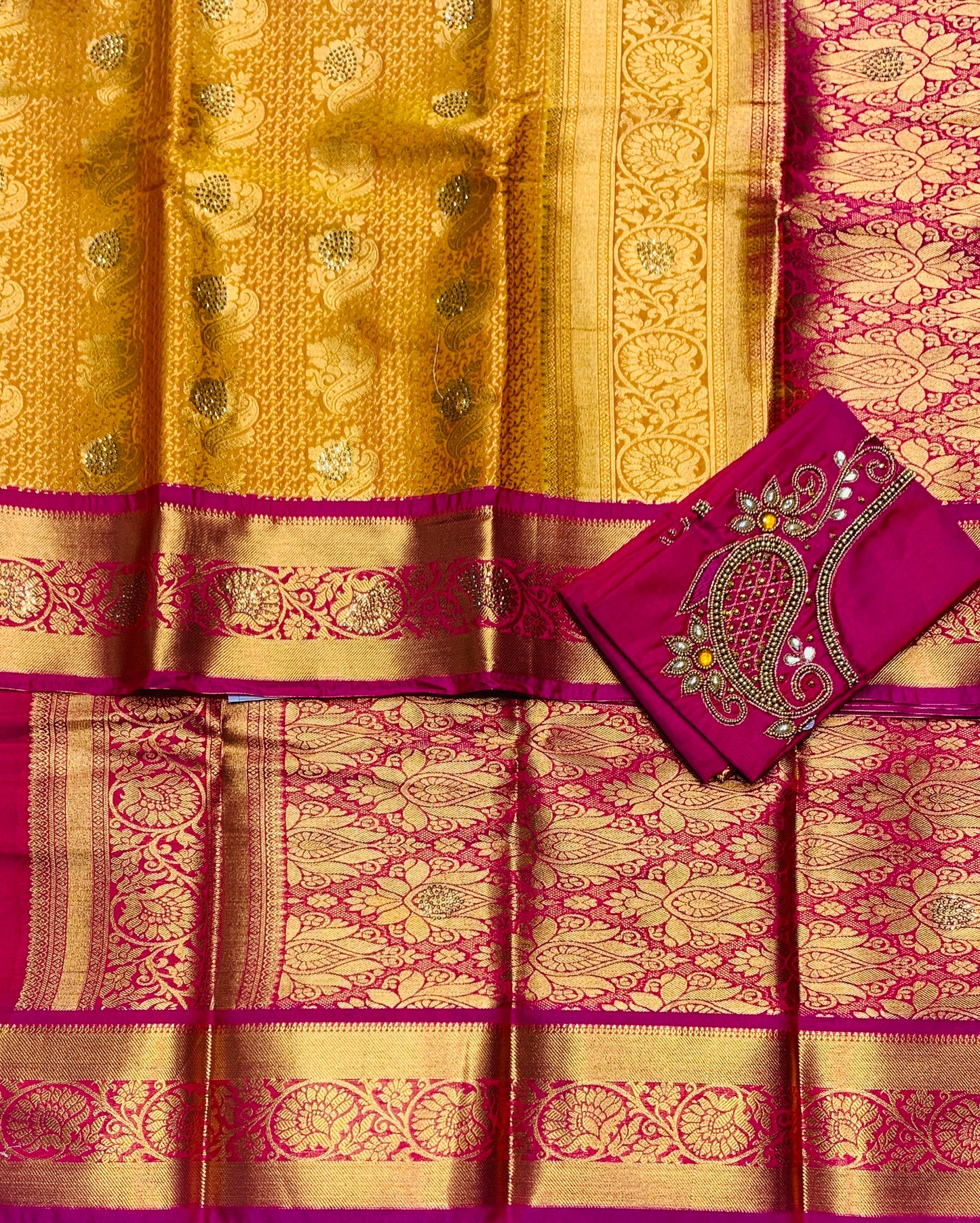 Vegan Silk Saree Golden Yellow Colour with Copper and Pink Border