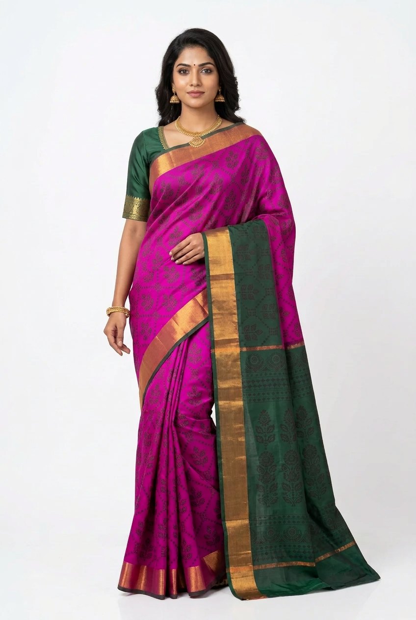 Fancy Cotton Saree Rani Pink Colour with Copper Zari Border