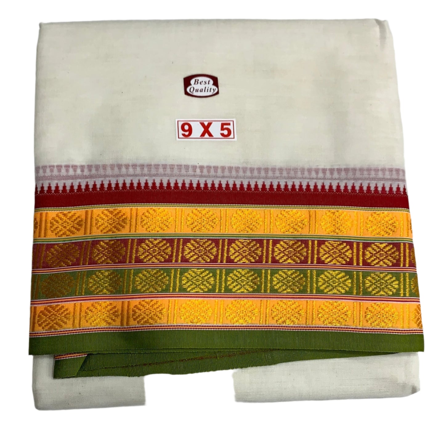 9X5 Cotton Unbleached Dhoti with Angavastram with Yellow ,Olive Green and Maroon Border