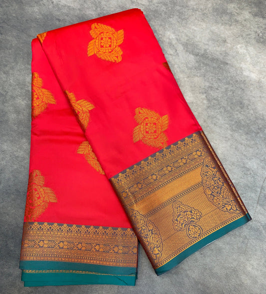 Soft Silk Casual Saree Peach Pink Colour with Rama Green and Golden Colour Border