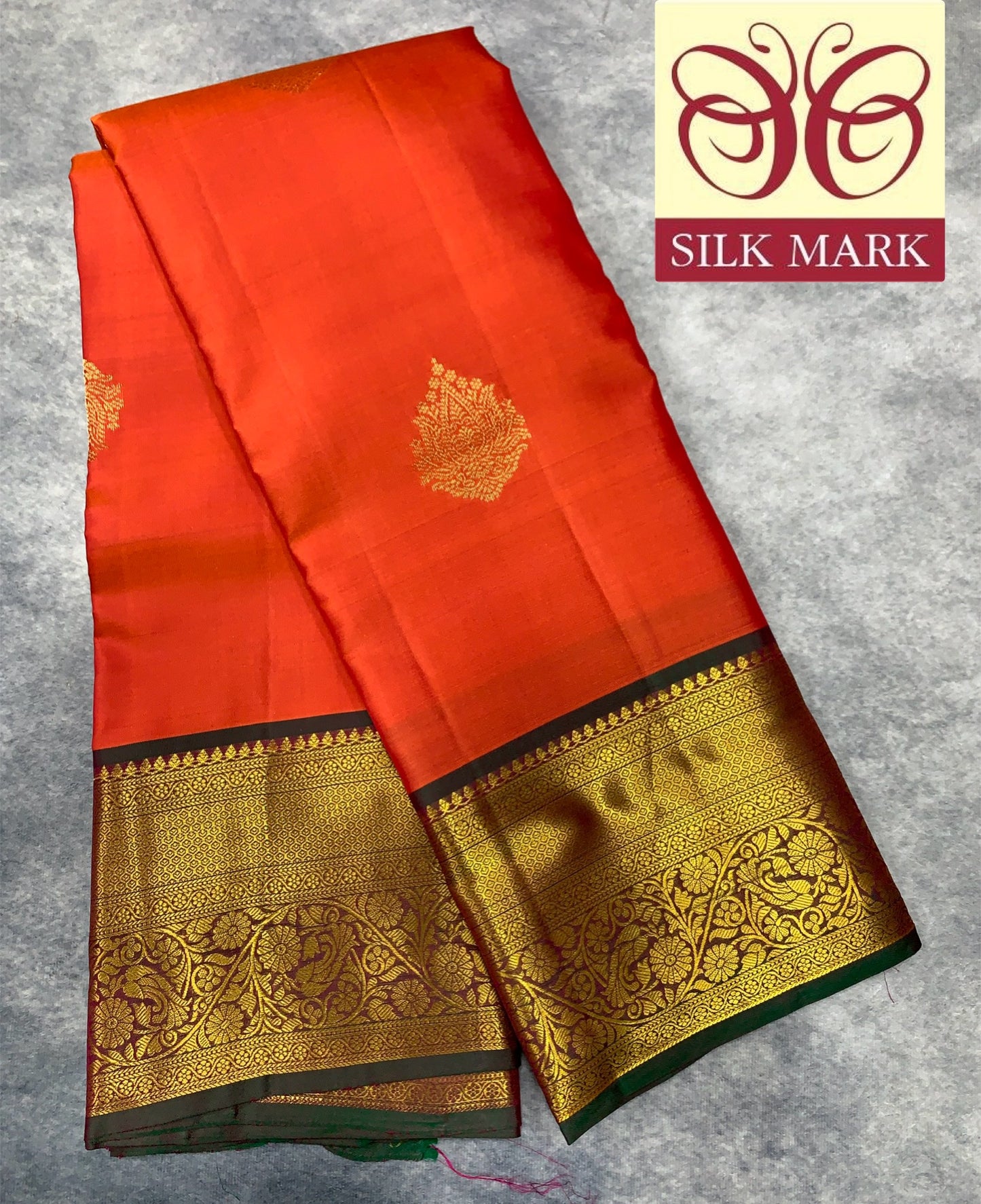 Pure Kanchipuram Silk Saree Orange Colour with Green Colour Border