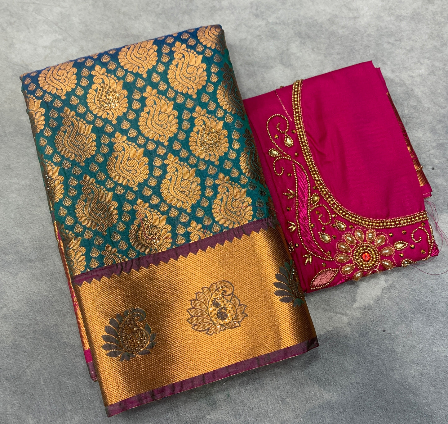 Bridal Vegan Silk Saree Peacock Green shade with Pink Border with Unstitched blouse in Aari work