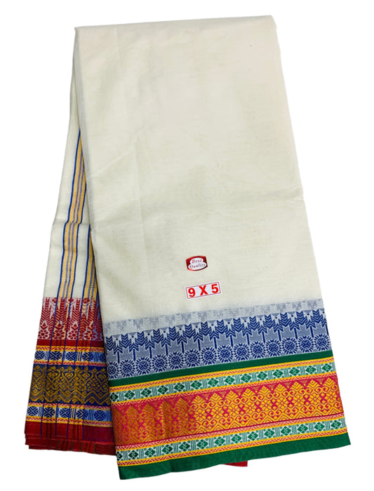 9X5 Cotton Unbleached Dhoti Blue and Orange Border with Angavastram
