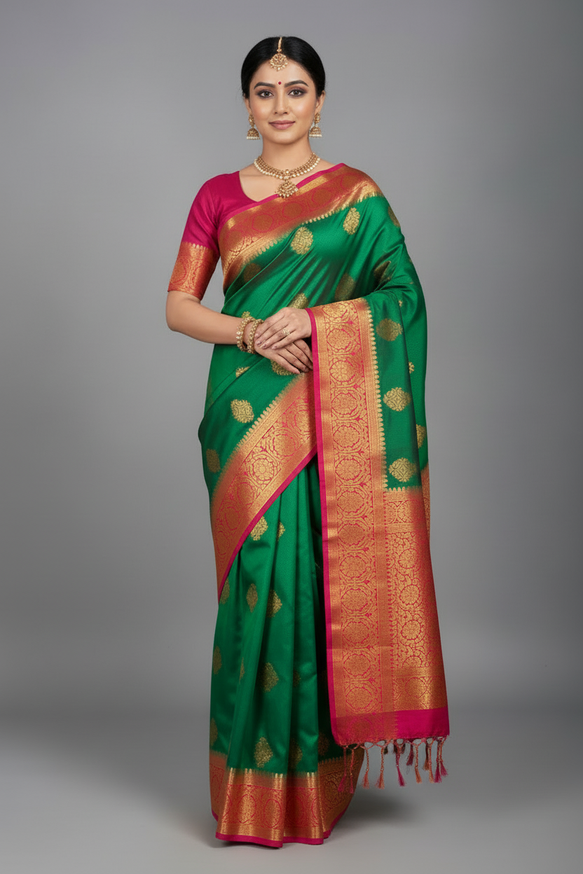 Soft Vegan Silk Saree Light Green Colour with Pink and Copper Border