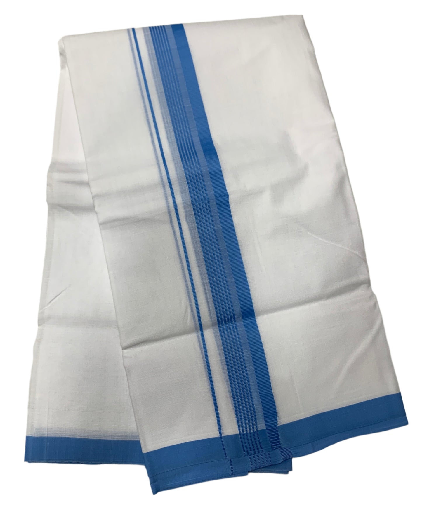 8 Mulam White Cotton Dhoti with Large Sky Blue Border