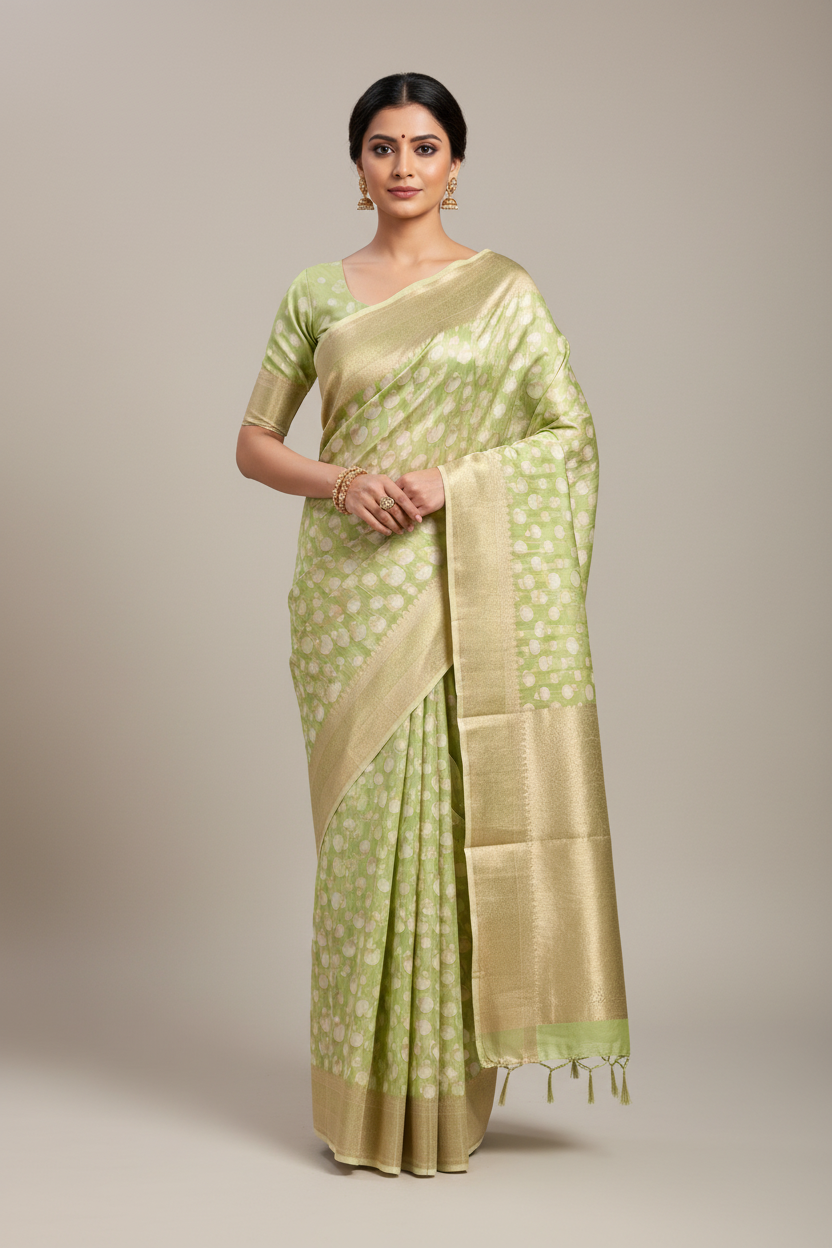 Banaras Katan Saree Apple Green Colour with Katan Work Border