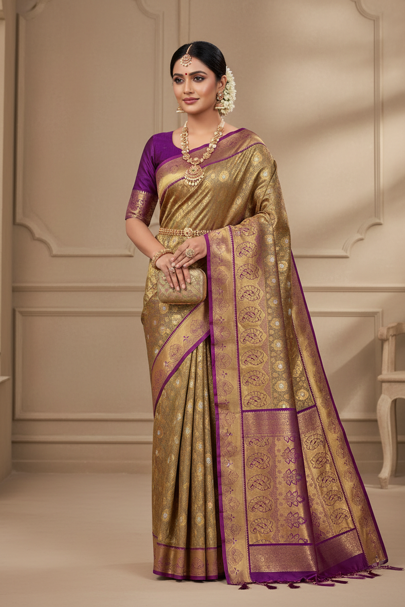 Vegan Silk Saree Mustard Colour with Copper and Pink Border