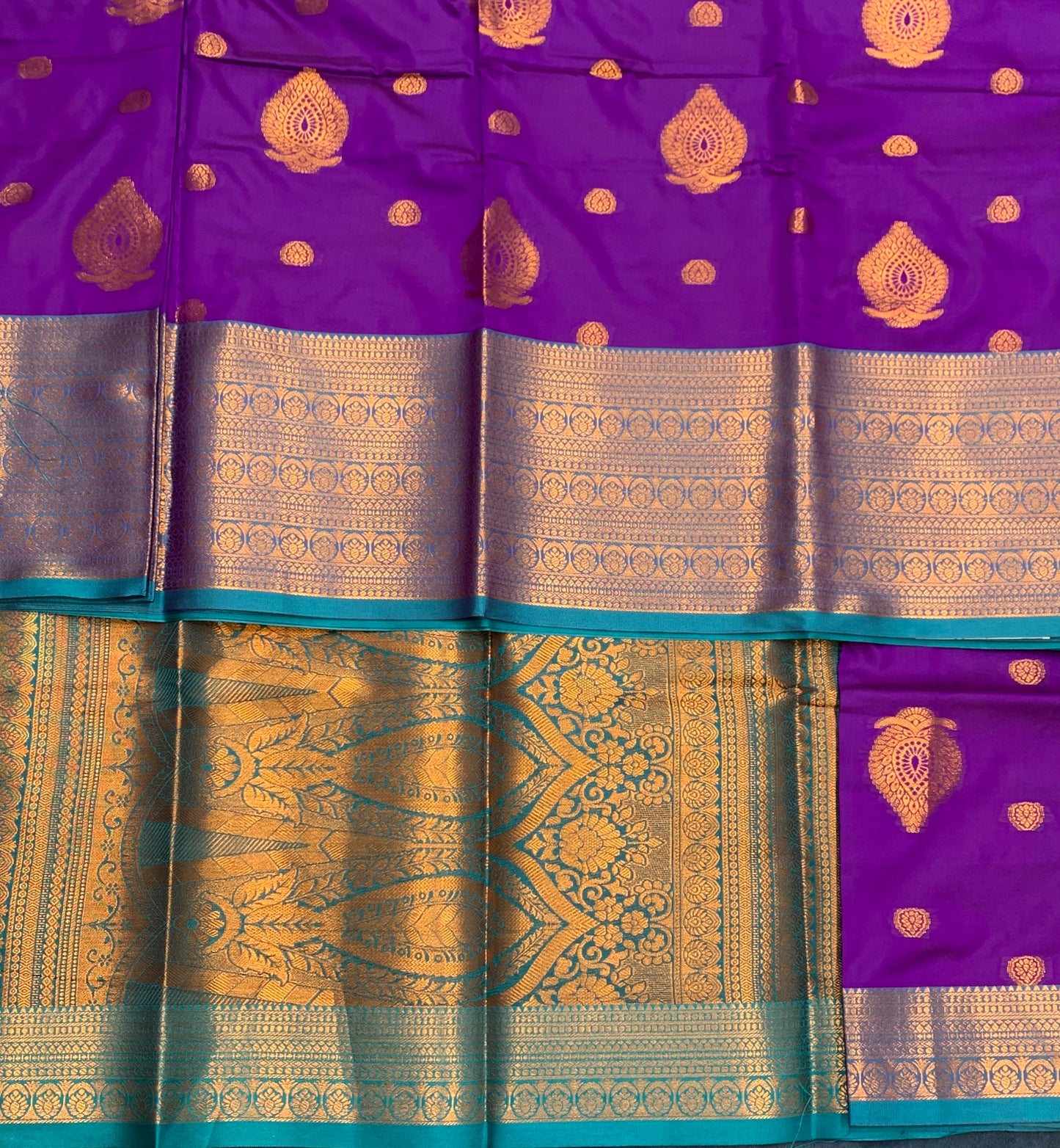 Soft Silk Casual Saree Purple Colour with Rama Green and Golden Colour Border