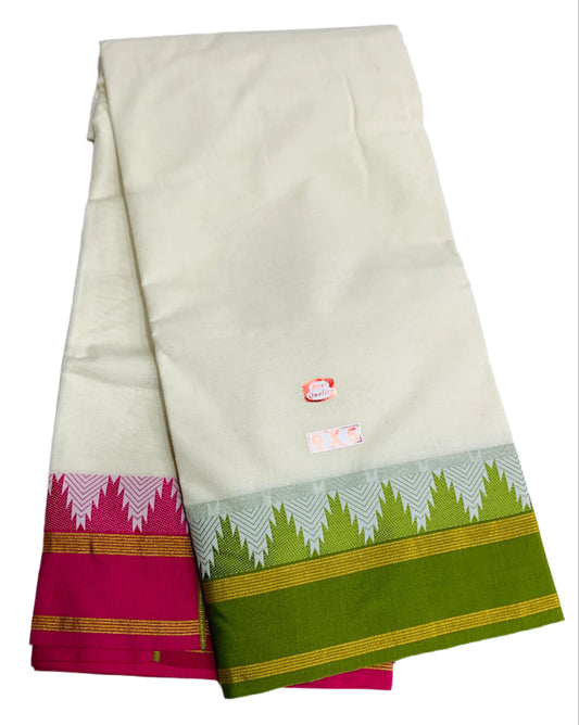 9X5 Cotton Unbleached Dhoti Olive Green and Pink Border with Angavastram
